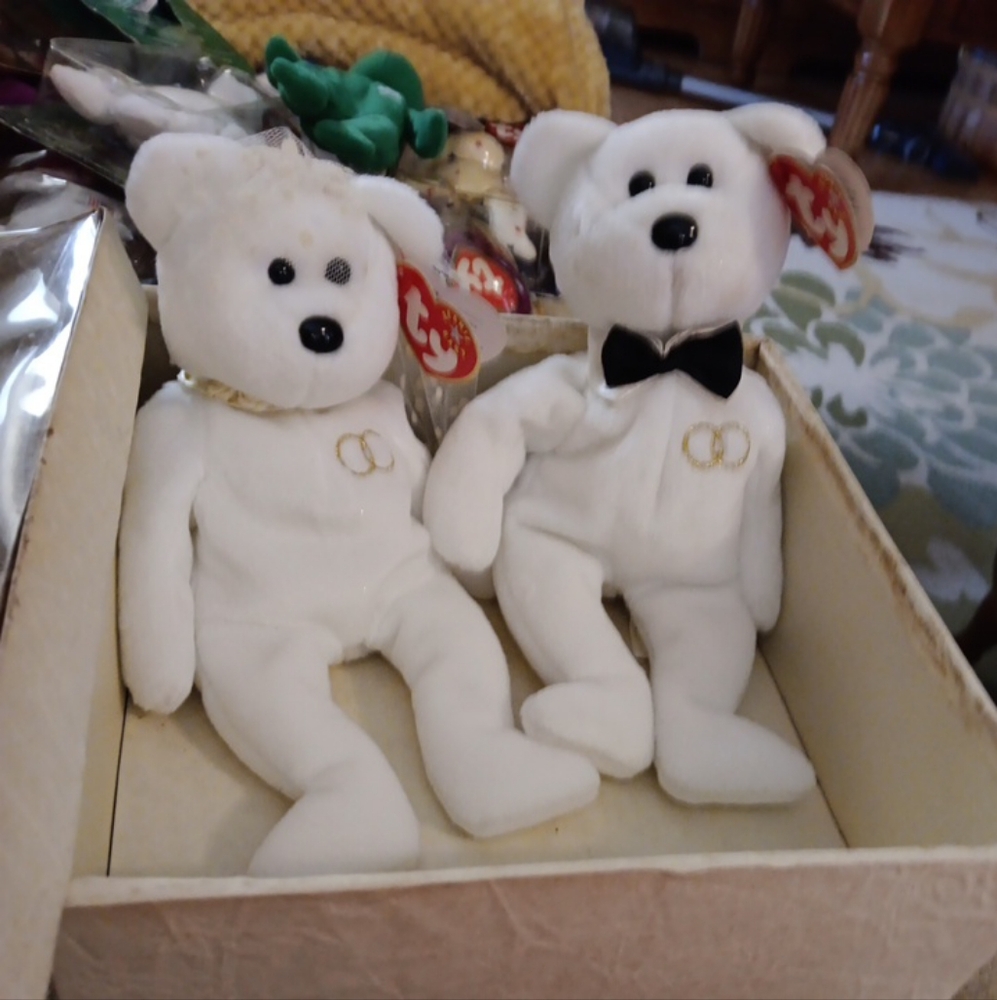 Ty White Wedding Bears with Gold Accents